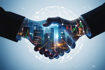 Global business partnership and collaboration represented by a digital cityscape handshake