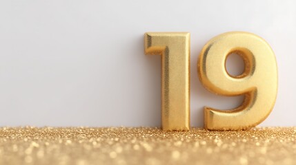 A shiny gold number "19" is displayed on a sparkling, golden background, creating a festive and celebratory atmosphere.