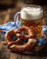 Pretzel and Beer Mug on Patterned Cloth