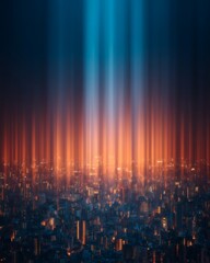 Fototapeta premium A mesmerizing cityscape featuring vibrant light beams piercing through the skyline, blending urban architecture with an ethereal glow.