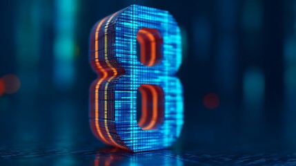 A glowing, digital number 8 stands out against a dark, abstract background, showcasing a futuristic design with a circuit-like texture.