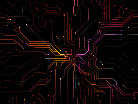 Abstract circuit board pattern with glowing neon lines on a dark background - Powered by Adobe
