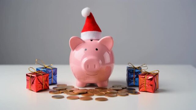 A cute pink piggy bank adorned with a Santa hat sits among scattered coins and festive gift boxes, symbolizing Christmas savings and holiday financial planning.
