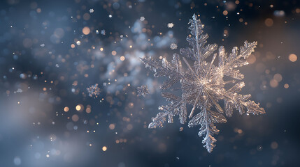 A detailed snowflake falling in a mesmerizing 3D snowfall with peaceful aura