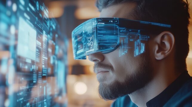 Man Wearing Augmented Reality Glasses Immersed in a Virtual Information Overlay - Powered by Adobe