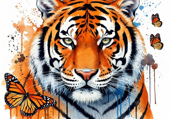 Naklejka premium Vibrant watercolor tiger with bold orange stripes, paint splatters, and small butterflies