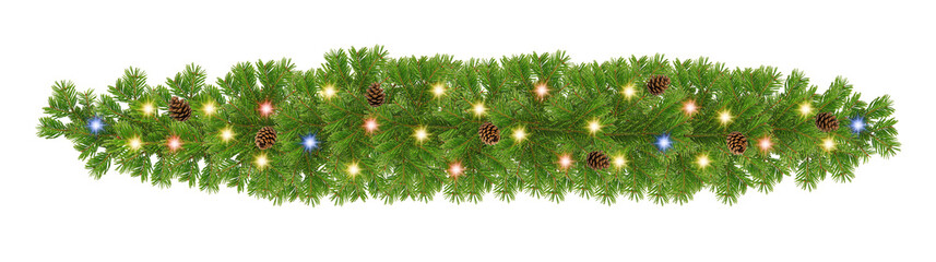 Horizontal Christmas garland with pine cones, fir branches, holly berries, glowing lights, and balls. Perfect for holiday banners, cards, and transparent background  © Birol Dincer 