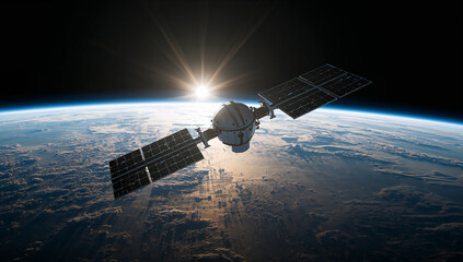 A space station with solar panels floating in orbit above Earth, with the sun shining through the atmosphere.