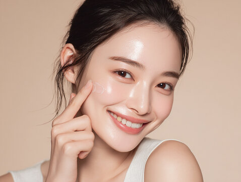 笑顔できらめく綺麗な肌に美容クリームを塗る日本人女性美人モデルの接写写真。スキンケア、コスメ、ビューティーケア広告用