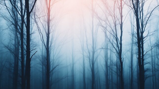 A misty forest scene with bare trees, creating an ethereal atmosphere as light filters through the fog. - Powered by Adobe