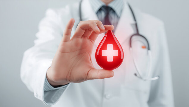 A doctor holding a red blood drop icon with a medical cross, promoting health and blood donation awareness.