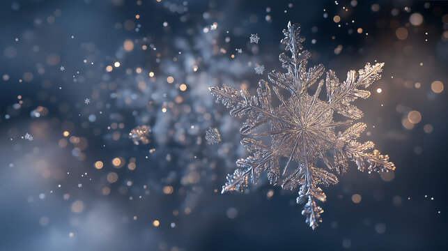 A mesmerizing 3D graphic snowfall with a highly detailed snowflake falling in the sky, creating a peaceful and serene atmosphere