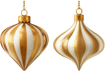 Gold ornament white stripe glitter detail festive decor holiday elegant