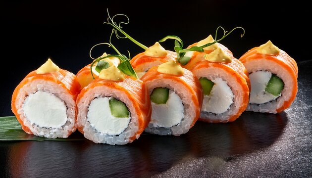 Bright Colorful Japanese Cuisine Sushi Roll With Shrimp Cucumber And Philadelphia Cheese