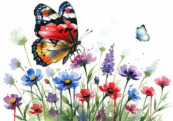Vibrant watercolor painting of a beautiful butterfly resting on colorful wildflowers in a peaceful meadow scene