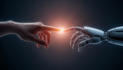 A human hand touching the finger of a robotic hand, symbolizing the connection between man and machine.