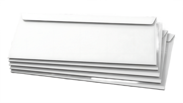 A stack of several white envelopes neatly piled on top of each other against a black background