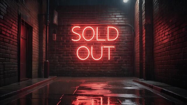 A vibrant "SOLD OUT" neon sign glows red on a brick wall in a dark, rainy alleyway, reflecting on the wet pavement, conveying urgency and unavailability.