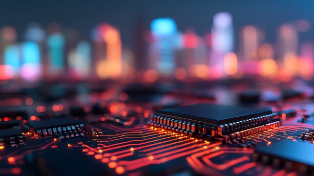A close-up view of a circuit board with glowing elements and a blurred city skyline in the background, highlighting technology and innovation. - Powered by Adobe