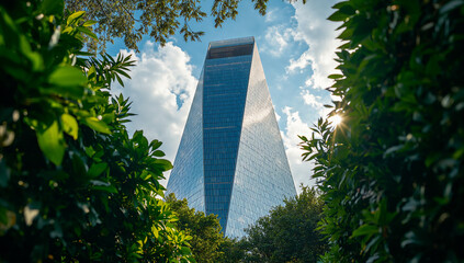 A sleek modern building framed by green trees and bright skies, highlighting city development and sustainability.