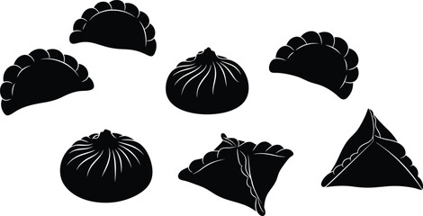 Assorted dumplings black and white illustration on white
