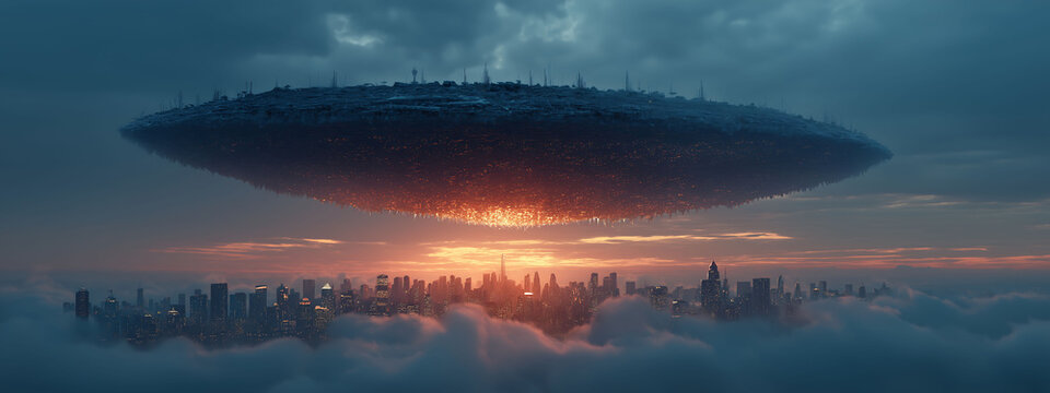 Futuristic megastructure hovers over neon city with volumetric fog and detailed metals - Powered by Adobe