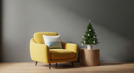 Cozy yellow armchair beside decorated christmas tree in a room with soft lighting