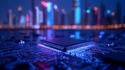 A close-up of a circuit board illuminated by blue lights, with a city skyline in the background, representing technology and modern infrastructure.
