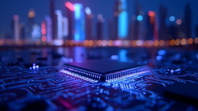 A close-up of a circuit board illuminated by blue lights, with a city skyline in the background, representing technology and modern infrastructure.