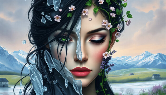 Fantasy portrait depicting the Changing seasons: winter-spring, or Morana, the goddess of winter's death, rebirth, dreams. half of her face is frozen, the other thawing into the warmth of spring 