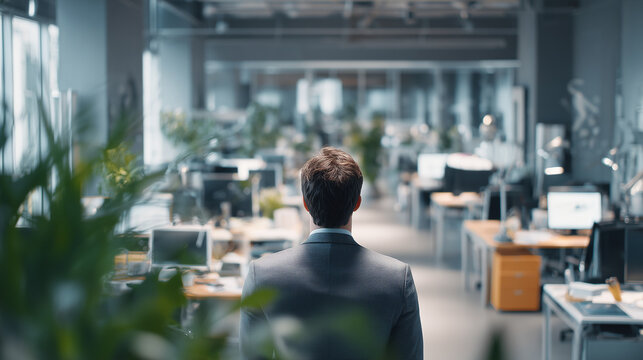 Business professional walking through a modern open-plan office
