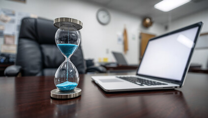 An hourglass with blue sand on a laptop, representing time running out and the connection between technology and time.
