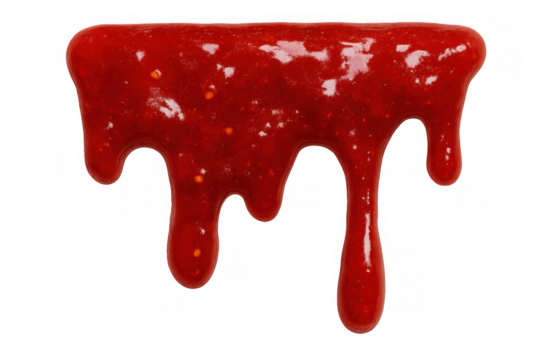 Drips of red strawberry jam flowing down, sweet fruit sauce spilling, sticky dessert food texture, transparent background - Powered by Adobe