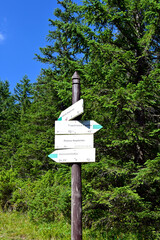 Kopieniec Meadow, Tatra National Park, Poland. Tourist information board with tourist routes. Signpost on hiking trail. 