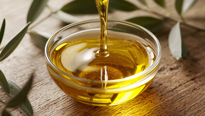 Olive oil flowing into a glass bowl with olive leaves, representing healthy fats and natural cooking ingredients.