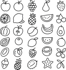 Hand-Drawn Fruit Illustration Set  Healthy Organic Food Outline, Tropical & Citrus Sketch Icons in Black and White Vector Collection