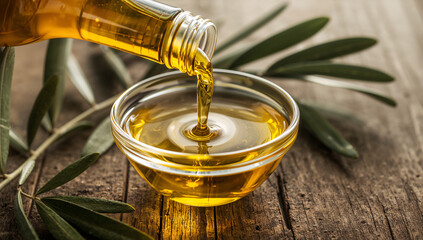 Fresh olive oil being poured from a bottle into a bowl, symbolizing natural health and Mediterranean cuisine.
