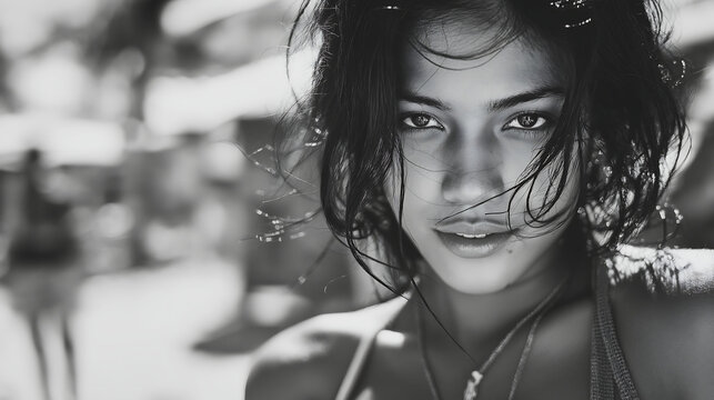 Stylish Indonesian woman in sleeveless top, intense gaze, wind-blown hair, tropical boulevard backdrop
