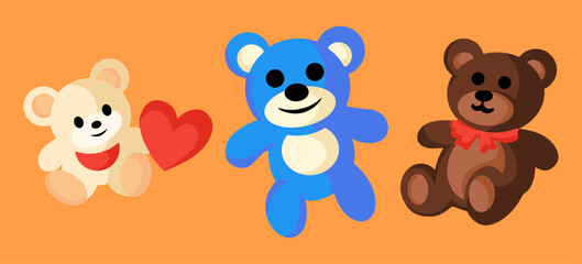 Three cute, funny, colorful teddy bear mascots. Vector illustration set.