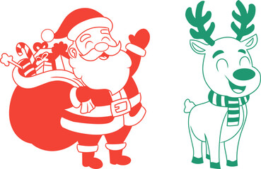 Christmas line art with Santa and polar bear mascots, red and green.