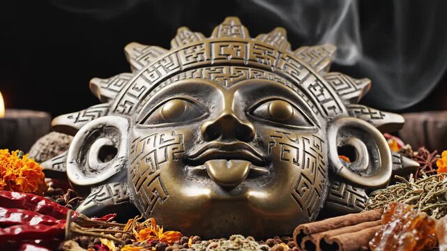 Aztec Sun Mask Still Life - A bronze-colored Aztec sun mask is the focal point of this video, surrounded by spices and herbs.