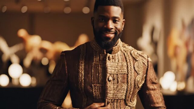 Man in Brown and Gold Woven Jacket - A stylish man poses, wearing an intricately woven brown and gold jacket. The jacket features detailed textures and a unique design.