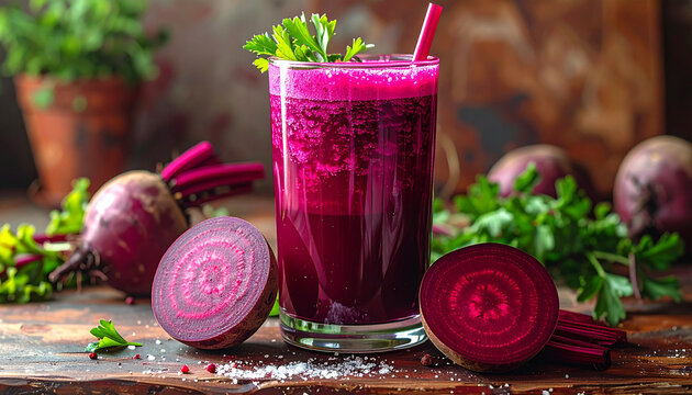 Glass of vibrant beetroot juice with fresh beetroots and parsley purple drink