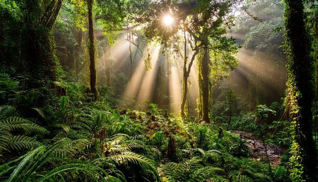 Sunbeams In Lush Rainforest Misty Morning Nature Background