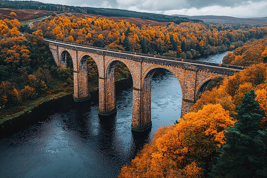 A stunning viaduct spans a serene river, surrounded by vibrant autumn foliage. The landscape is rich with shades of orange and gold, creating a picturesque scene.