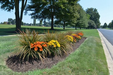 A vibrant flower bed features orange and yellow chrysanthemums surrounded by green grass and trees along a peaceful roadside.