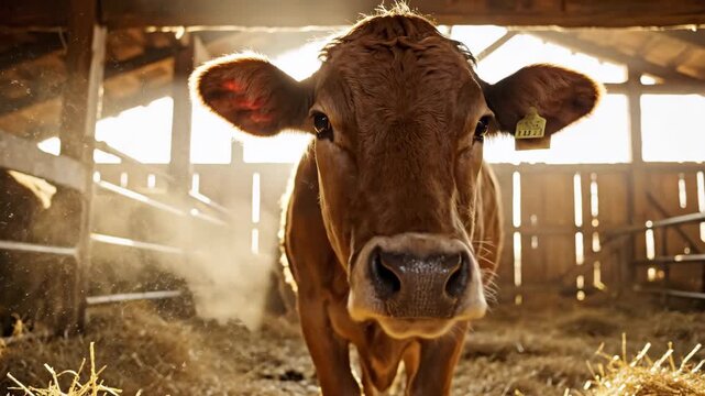 Brown Cow Portrait in Farm Barn - Close-up portrait of a brown cow standing in a barn. Bright sunlight streams through the wooden structure.