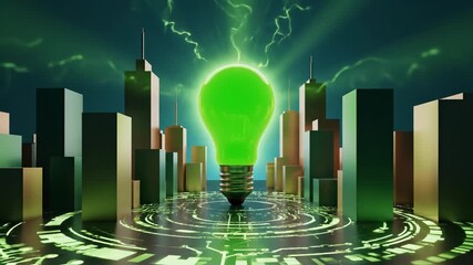 Green energy lights up the city skyline with a modern, eco friendly glow, promising a sustainable future for urban innovation and renewable resources