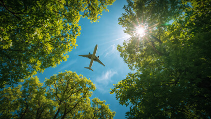 A plane flying above lush green trees under a bright blue sky, symbolizing travel and nature.