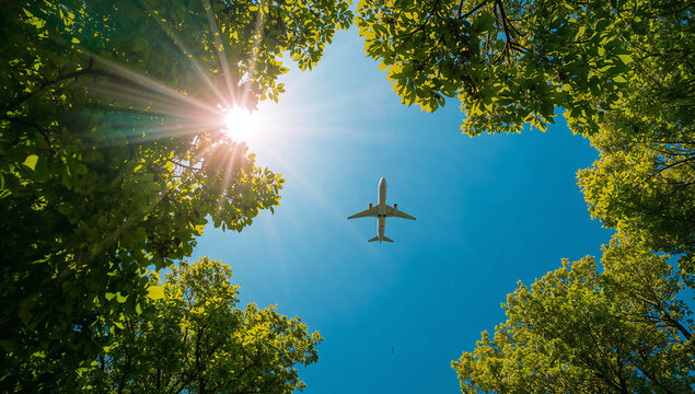 Clear blue sky with an airplane flying above green trees, symbolizing the harmony of nature and aviation.